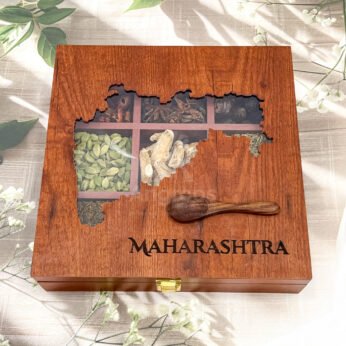 Elegant Maharashtra Map Large Spice Organizer – 10x10x2.5 inch Wooden Masala Box with 9 Whole Spices
