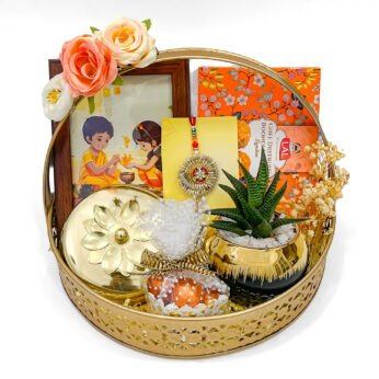 Golden Rakhi Gift Tray – Premium Dry Fruit Box, Photo Frame, Rakhi & Festive Treats