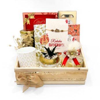 Customised Rakhi Gift Tray – Premium Mug, Lindt, Dry Fruits, Perfume & Candle in Wooden Tray