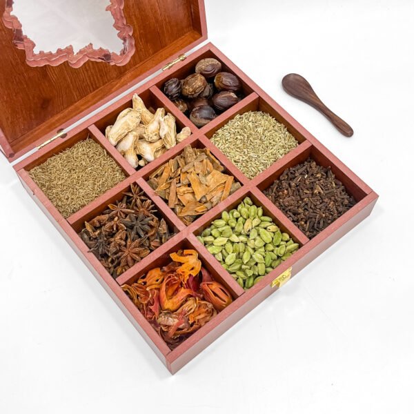 Royal Karnataka State Large Masala Box – 10x10x2.5 inch Wooden Spice Treasure with 9 Whole Spices - Image 2