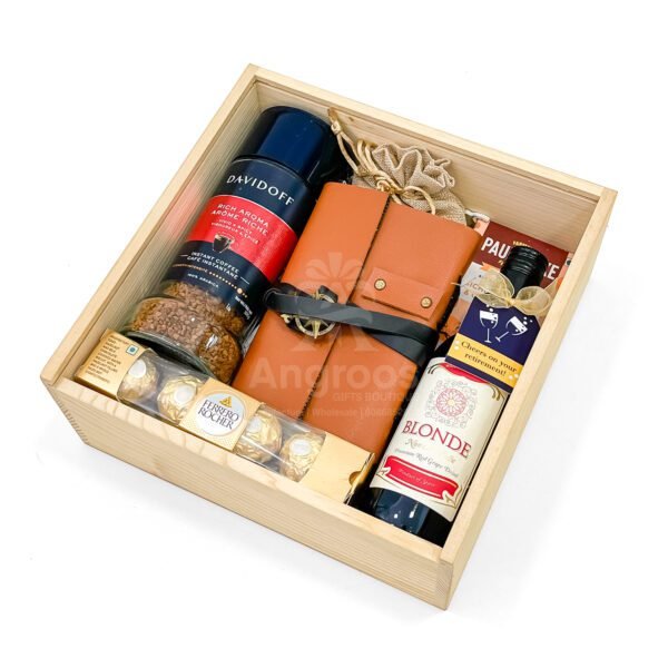 Elegant Retirement Gift Hamper with Grape Drink, Coffee, Chocolates, Diary & More – Wooden Box Packaging - Image 2