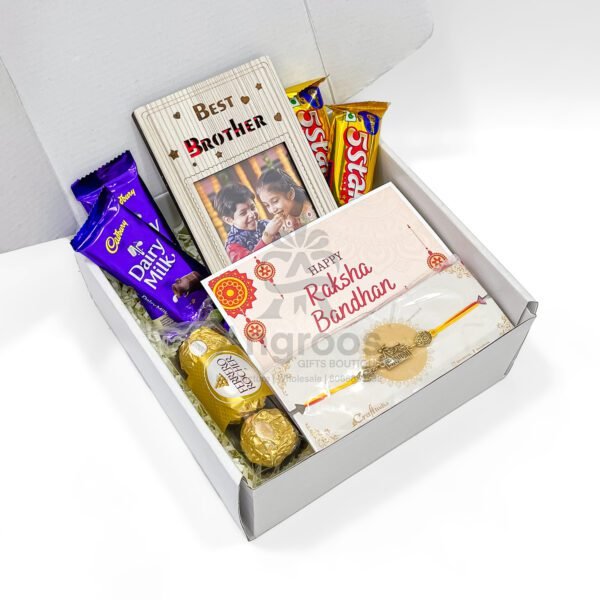Rakhi Chocolate Gift Box – With Designer Rakhi, Greeting Card & Frame - Image 2