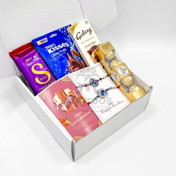 Raksha Bandhan Gift Combo – 2 Designer Rakhi with Chocolates & Card - Image 2