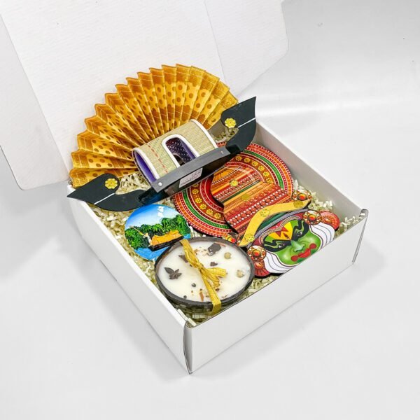 Elegant Kerala Culture Hamper – Houseboat, Kathakali, Fridge Magnet & Spice Candle - Image 2