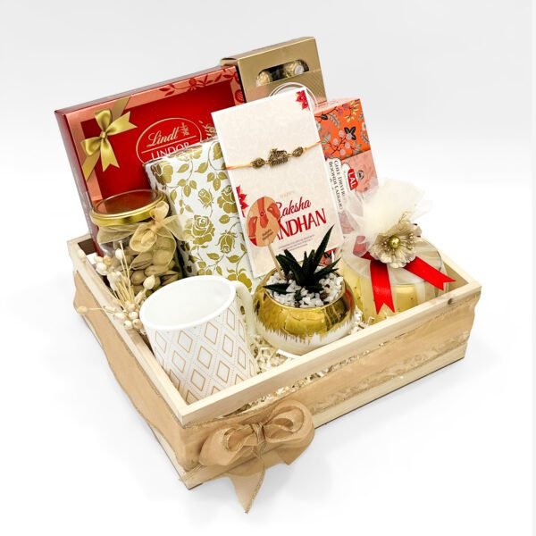 Customised Rakhi Gift Tray – Premium Mug, Lindt, Dry Fruits, Perfume & Candle in Wooden Tray - Image 2