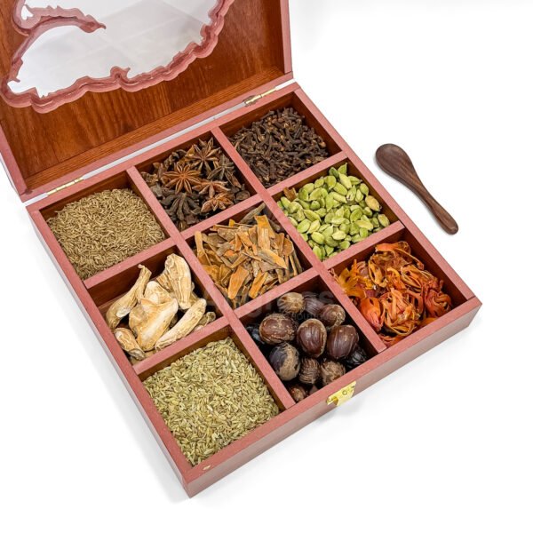 Gujarat Traditional Spice Gift Box – 10 Inch Wooden State Cut Masala Organizer with Whole Spices - Image 2