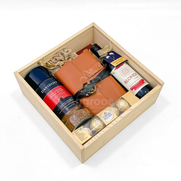 Elegant Retirement Gift Hamper with Grape Drink, Coffee, Chocolates, Diary & More – Wooden Box Packaging - Image 3