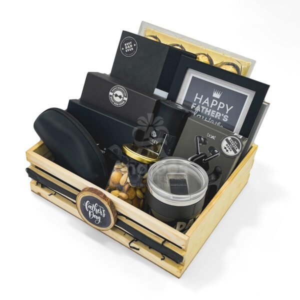 Luxury Gift Hamper for Father’s Day with Wallet, Sunglasses, Tech & More – Wooden Crate Packaging - Image 3