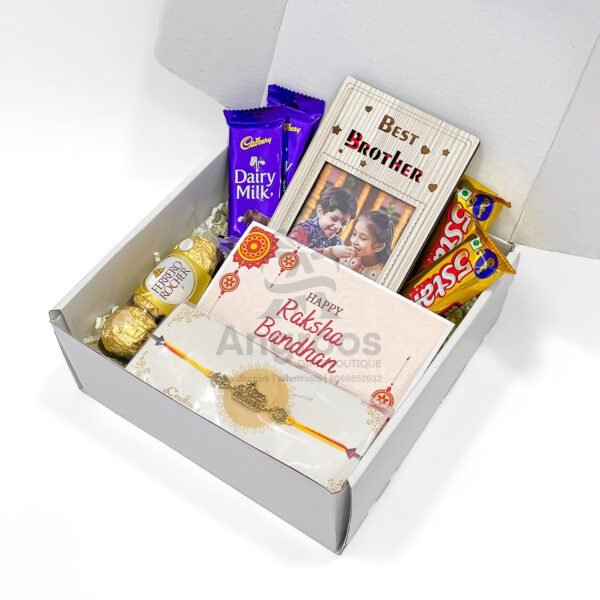 Rakhi Chocolate Gift Box – With Designer Rakhi, Greeting Card & Frame - Image 3