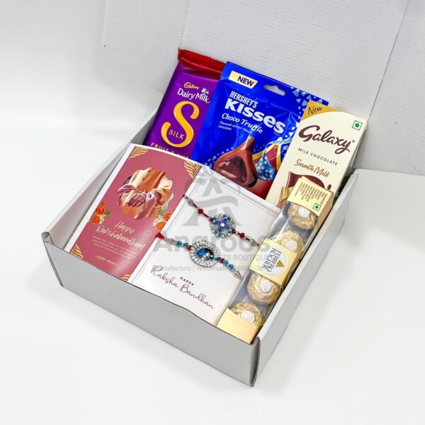 Raksha Bandhan Gift Combo – 2 Designer Rakhi with Chocolates & Card - Image 3