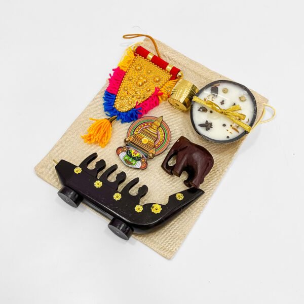 Kerala Cultural Gifts Hamper – Nettipattam, Kathakali, Boat & Decor in Jute Bag - Image 3