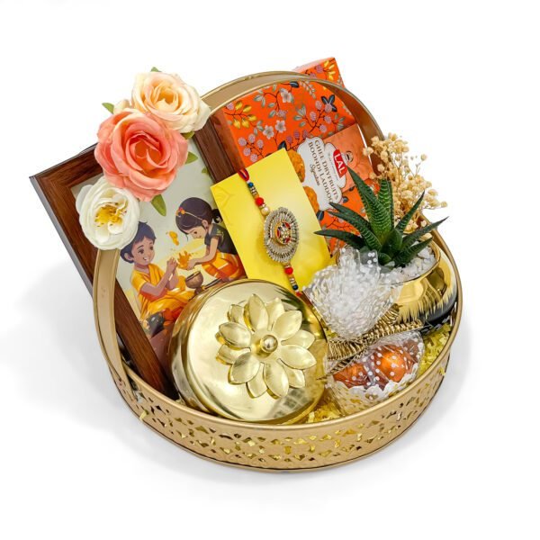 Golden Rakhi Gift Tray – Premium Dry Fruit Box, Photo Frame, Rakhi & Festive Treats - Image 3