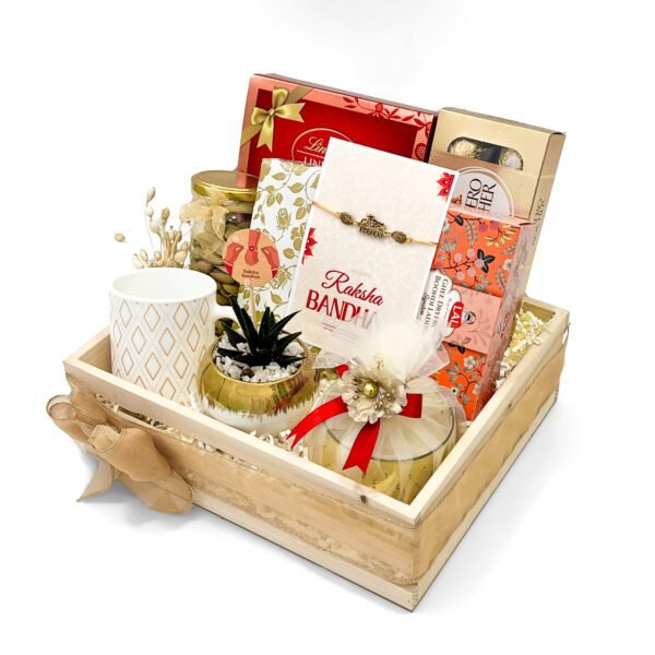 Customised Rakhi Gift Tray – Premium Mug, Lindt, Dry Fruits, Perfume & Candle in Wooden Tray - Image 3