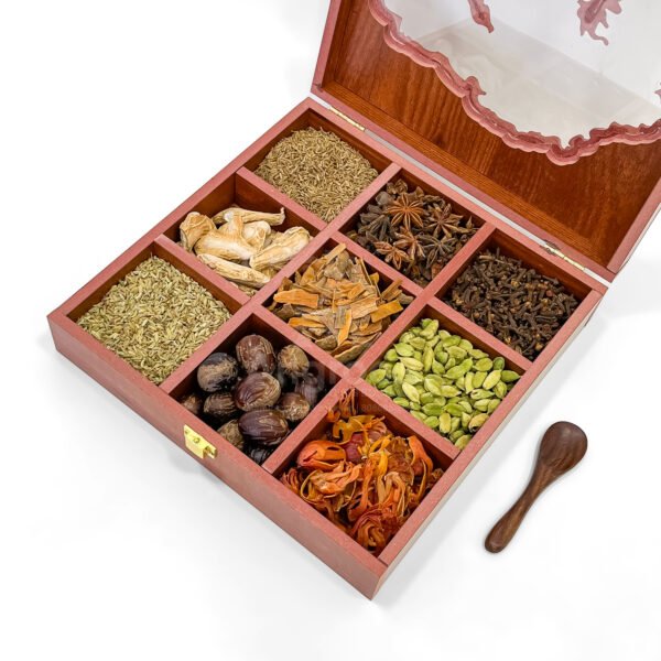 Gujarat Traditional Spice Gift Box – 10 Inch Wooden State Cut Masala Organizer with Whole Spices - Image 3