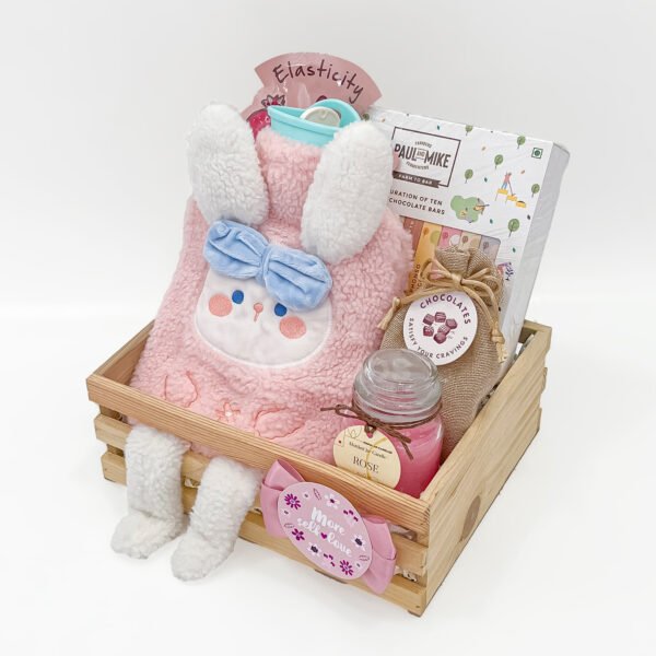 Cute Bunny-Themed Self-Care Gift Hamper with Chocolates, Hot Water Bag & Candle - Image 3