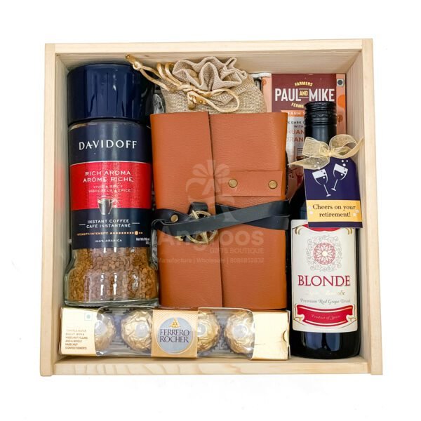 Elegant Retirement Gift Hamper with Grape Drink, Coffee, Chocolates, Diary & More – Wooden Box Packaging - Image 4