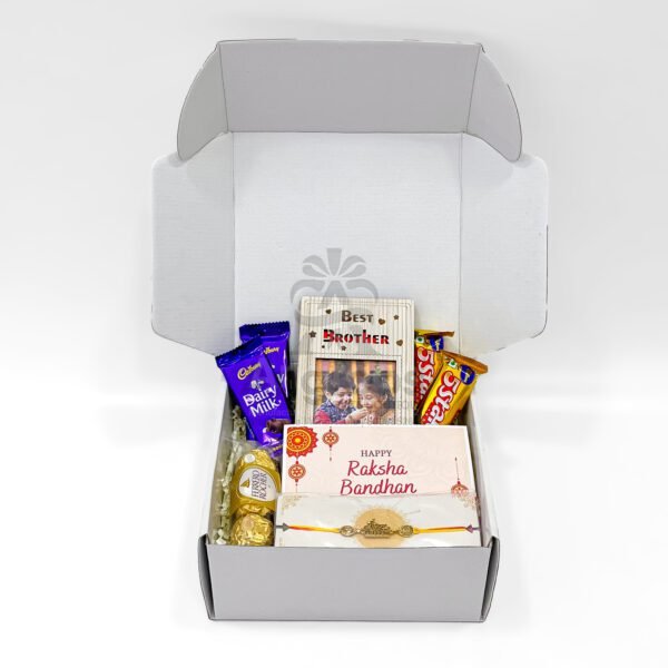 Rakhi Chocolate Gift Box – With Designer Rakhi, Greeting Card & Frame - Image 4