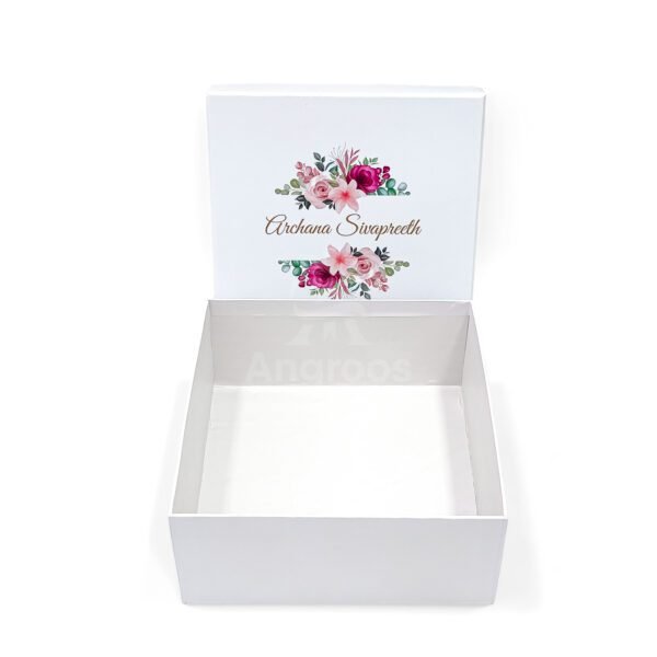 Custom Floral White Gift Box – 9.5 x 9.5 x 4 Inch | Personalized Rigid Hamper Box (MOQ 50) - Image 4