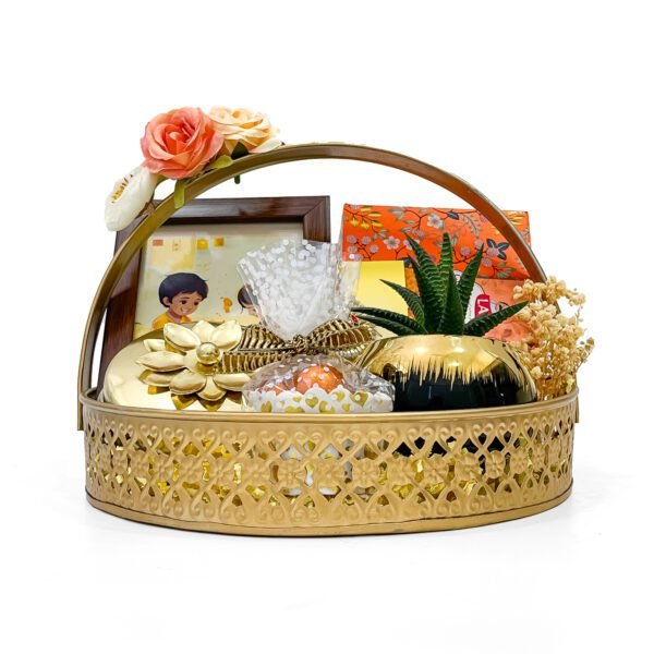 Golden Rakhi Gift Tray – Premium Dry Fruit Box, Photo Frame, Rakhi & Festive Treats - Image 4
