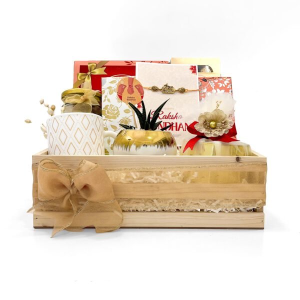 Customised Rakhi Gift Tray – Premium Mug, Lindt, Dry Fruits, Perfume & Candle in Wooden Tray - Image 4