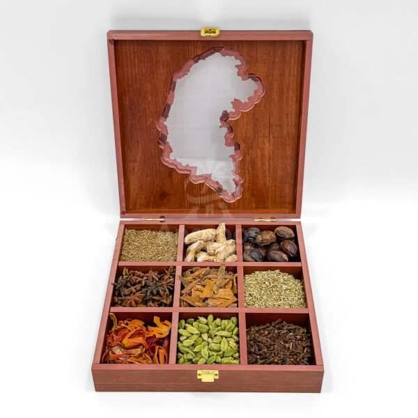 Royal Karnataka State Large Masala Box – 10x10x2.5 inch Wooden Spice Treasure with 9 Whole Spices - Image 4
