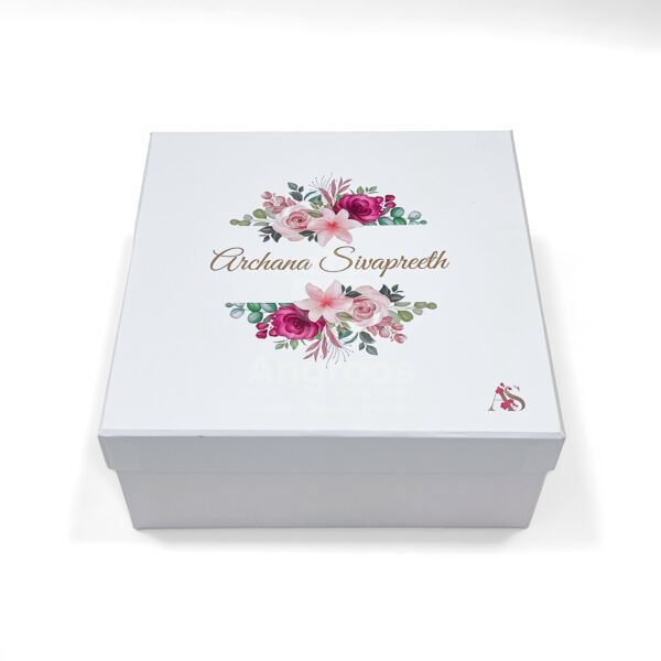 Custom Floral White Gift Box – 9.5 x 9.5 x 4 Inch | Personalized Rigid Hamper Box (MOQ 50) - Image 5