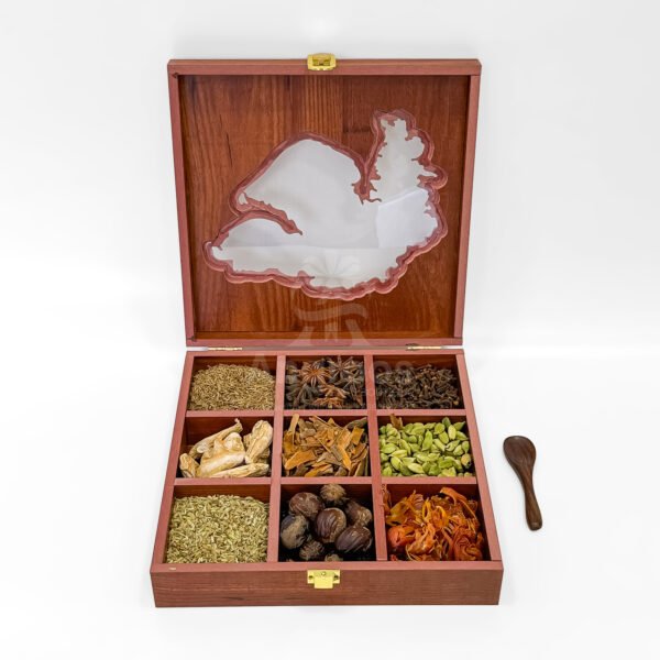 Gujarat Traditional Spice Gift Box – 10 Inch Wooden State Cut Masala Organizer with Whole Spices - Image 4