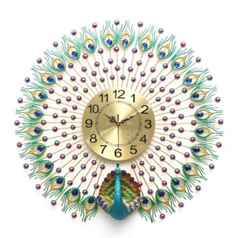 Peacock Feather Wall Clock – 27 x 29 Inch Designer Clock with Crystals & Golden Dial