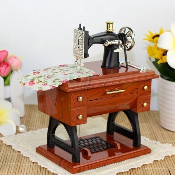 Miniature Vintage Sewing Machine Music Box – Retro Table Decor Showpiece - Image 2