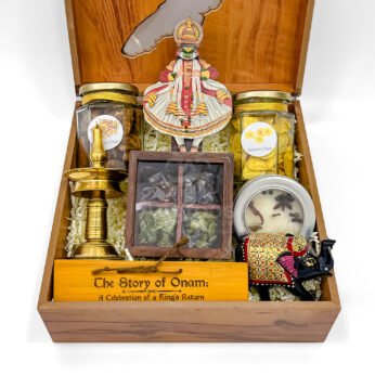 Cultural Authentic Kerala Onam Gift Hamper with Kerala themed Wooden Box, Kathakali, and Kerala Treats