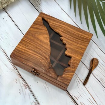 Premium Wooden Masala Box with Kerala Map Design – Handcrafted Spice Organizer with Glass Lid & Spoon (8×8 Inch)