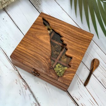 Kerala Map Spices Box with Spices – Handcrafted Wooden Masala Box with Glass Lid & Spoon (8×8 Inch)