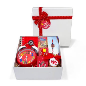 Deluxe Kids Rakhi Gift Hamper with Alarm Clock, Chocolates & Marvel Keychain