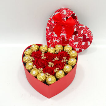 Romantic Heart Gift Box with Ferrero Rocher & Red Roses