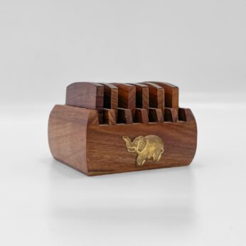 Wooden Coaster Set with Brass Elephant Inlay – Premium Table Gift (3 Inch Height)