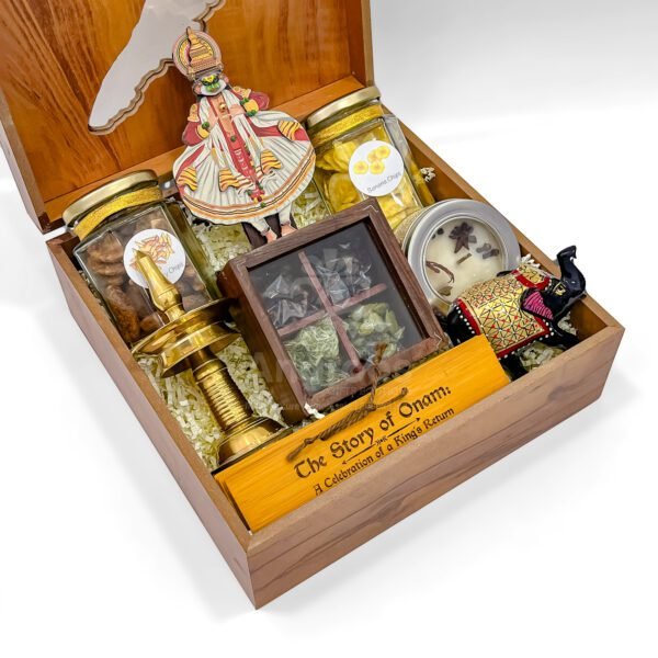 Cultural Authentic Kerala Onam Gift Hamper with Kerala themed Wooden Box, Kathakali, and Kerala Treats - Image 2