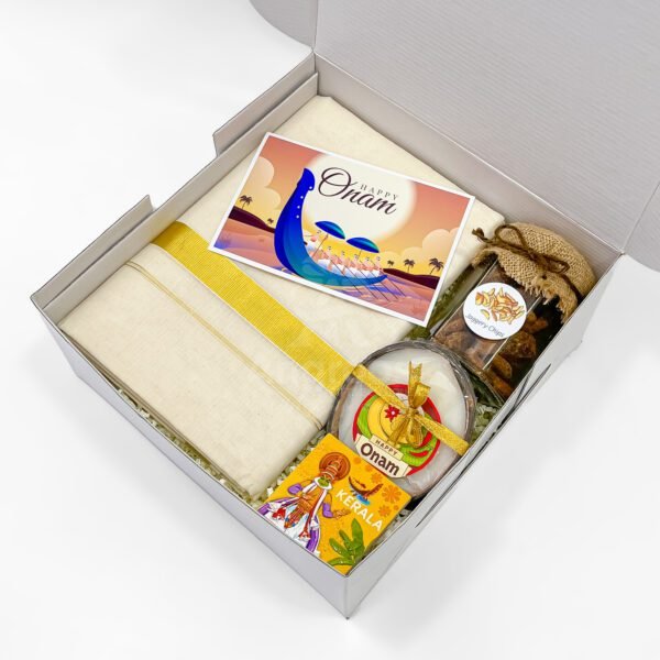 Elegant Onam Gift Hamper Box for Men with Dhoti & Kerala Souvenirs - Image 2