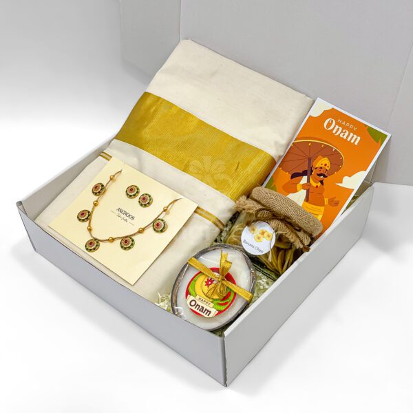 Graceful Onam Saree Gift Box with Floral Jewelry & Candle - Image 2