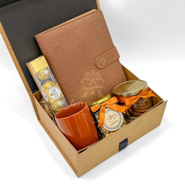 Elegant Brown Corporate Gift Hamper with Diary, Mug & Gourmet Snacks - Image 2