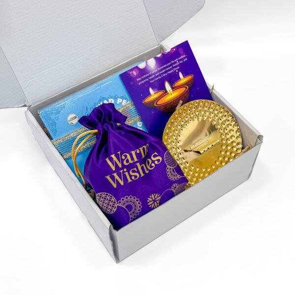 Budget Friendly Diwali Gift Box with Dharwad Peda, Cashew Potli & Brass Stand - Image 2