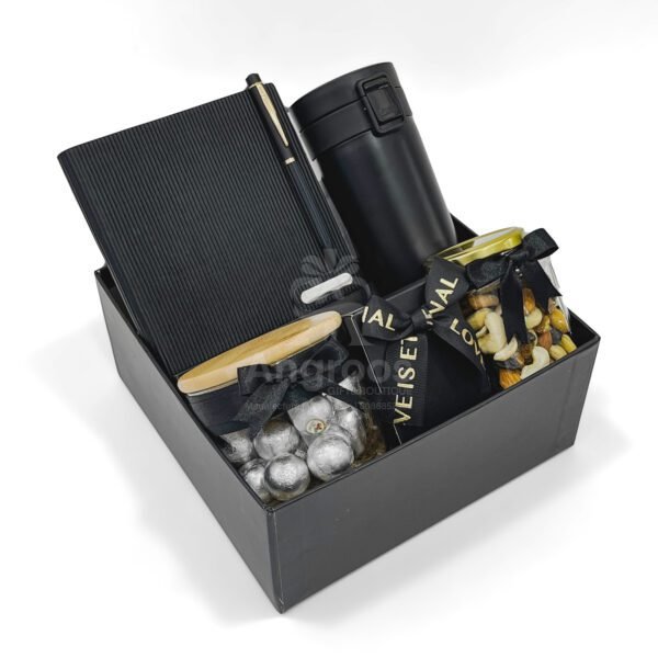Elegant Black Themed Corporate Gift Hamper with Diary, Flask & Gourmet Jars - Image 2