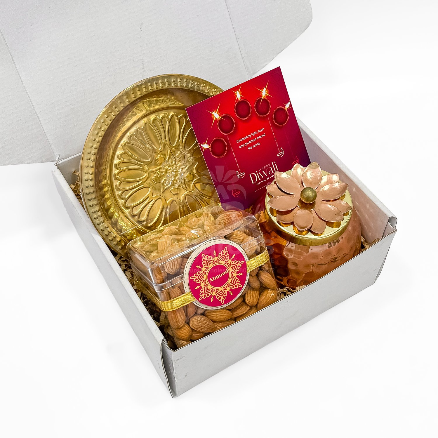 Elegant Diwali Thali Gift Box with Almonds, Dry Fruit Jar & Golden Pooja Thali - Image 2