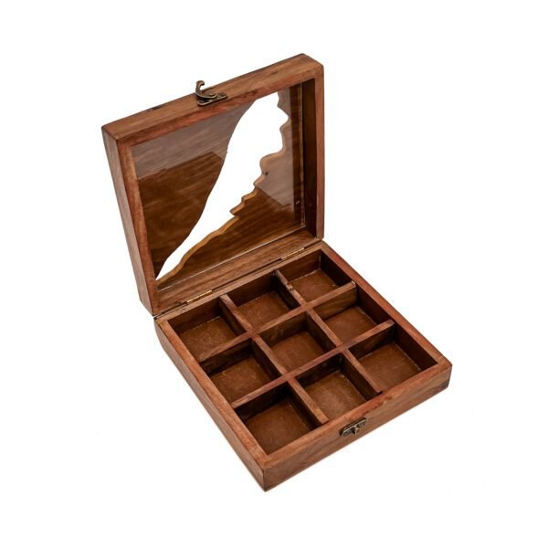 Premium Wooden Masala Box with Kerala Map Design – Handcrafted Spice Organizer with Glass Lid & Spoon (8x8 Inch) - Image 4