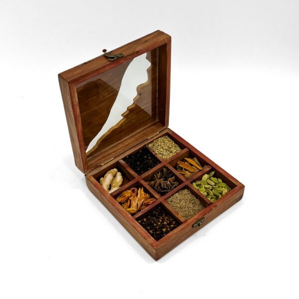Kerala Map Spices Box with Spices – Handcrafted Wooden Masala Box with Glass Lid & Spoon (8x8 Inch) - Image 2