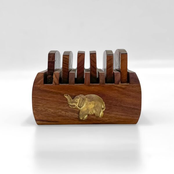 Wooden Coaster Set with Brass Elephant Inlay – Premium Table Gift (3 Inch Height) - Image 2
