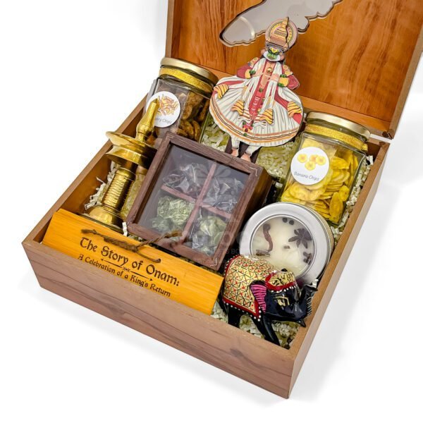 Cultural Authentic Kerala Onam Gift Hamper with Kerala themed Wooden Box, Kathakali, and Kerala Treats - Image 3