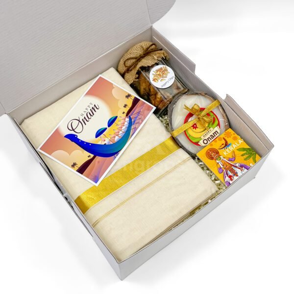 Elegant Onam Gift Hamper Box for Men with Dhoti & Kerala Souvenirs - Image 3