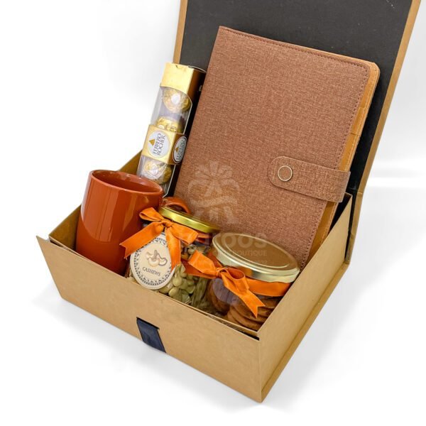 Elegant Brown Corporate Gift Hamper with Diary, Mug & Gourmet Snacks - Image 3
