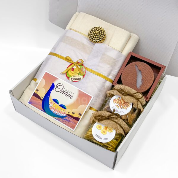 Traditional Onam Cultural Gift Box with Kerala Saree, Dhoti & Kerala Delights - Image 3