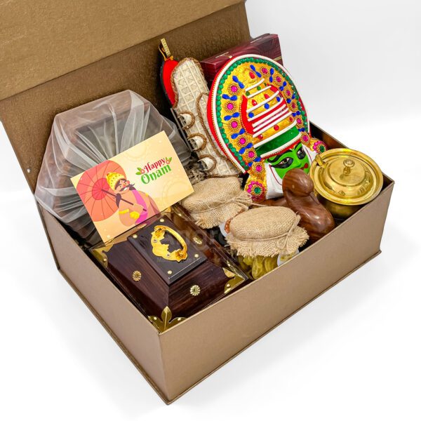 Luxury Onam Gift Hamper with Kathakali Mask, Aranmula Mirror & Kerala Treasures - Image 3